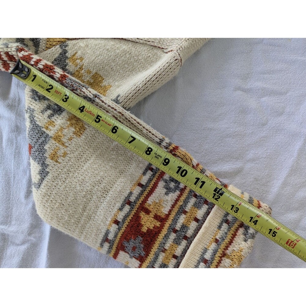 VTG 70s Southwestern Shawl Cardigan- Aztec Geometric Belted Sweater - Cream/Rust - Picture 14 of 15